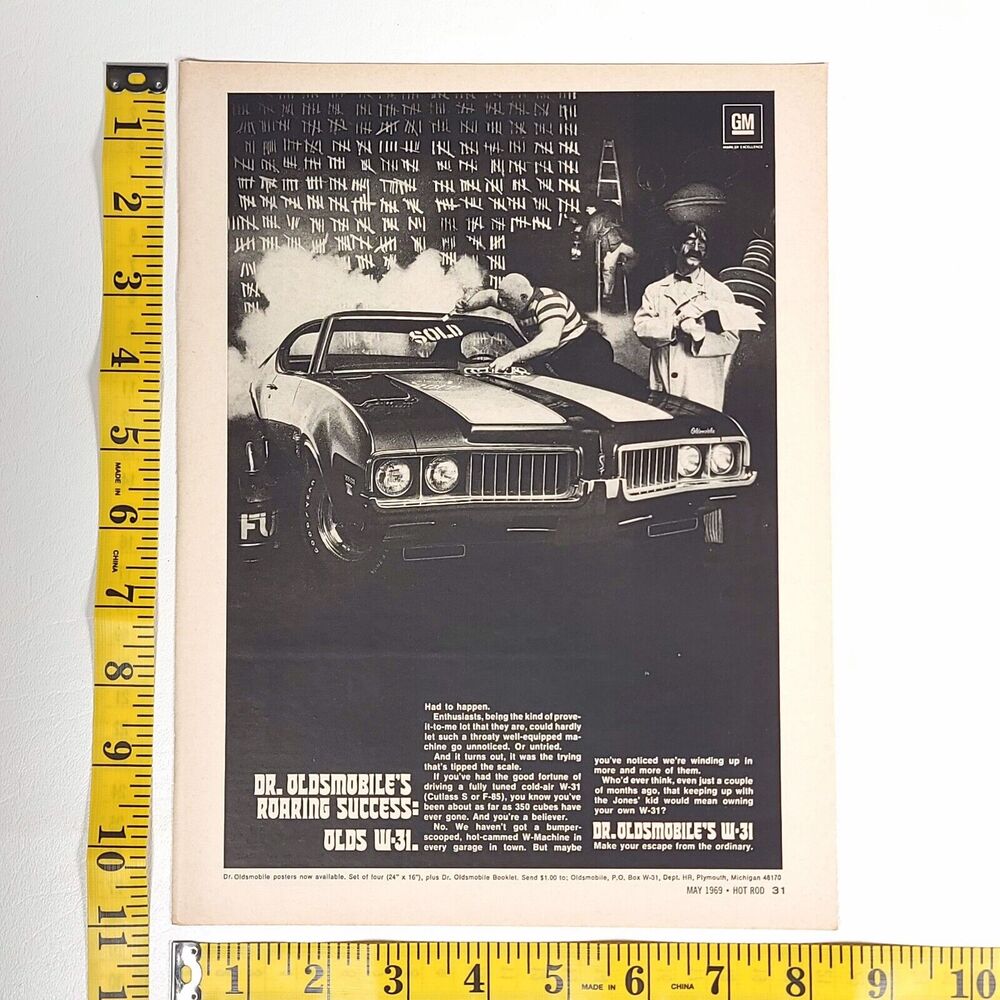 Vintage‎ Oldsmobile W-31 Black & White Print Ad 1969 Hot Rod Magazine